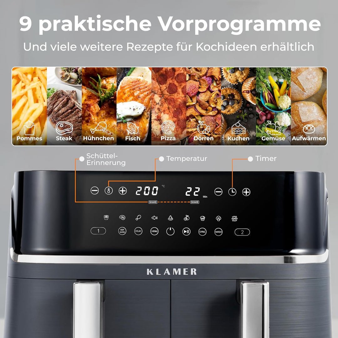 KLAMER Heissluftfritteuse Duo 9 L – Doppelkammer Airfryer mit 2 Körben & Digitaldisplay, 10 Automati