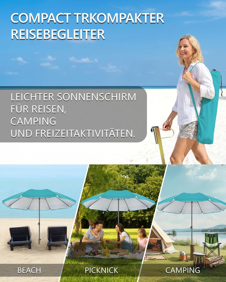 4smile Sonnenschirm Strand Ø 180 cm, 3-in-1 SET mit Rasendorn, Türkis | Strandschirm windfest stabil