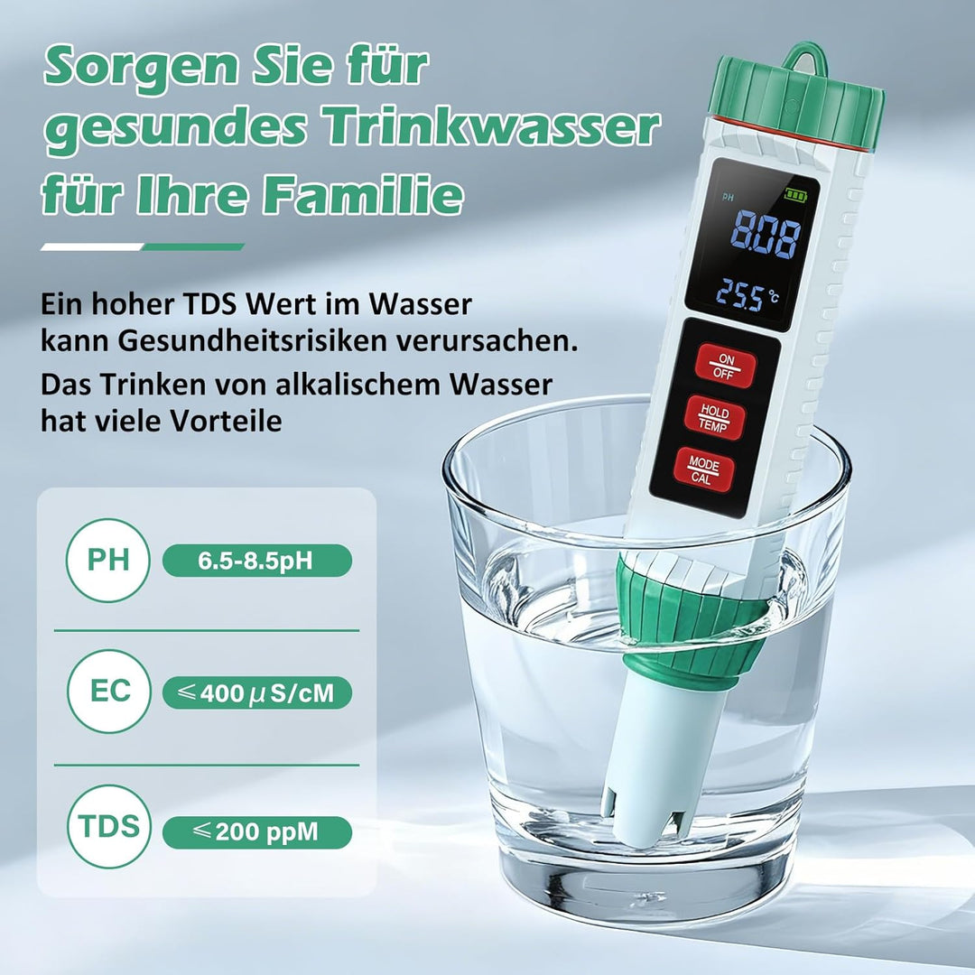 5 in 1 PH Messgerät Wasser, PH TDS EC Salzgehalt Temperatur Messgerät mit LED Display und Auto Tempe