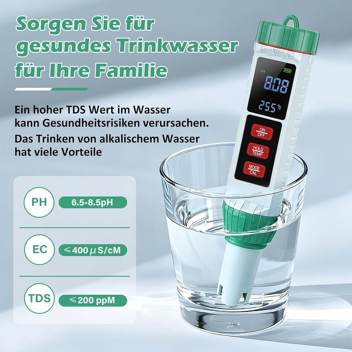5 in 1 PH Messgerät Wasser, PH TDS EC Salzgehalt Temperatur Messgerät mit LED Display und Auto Tempe