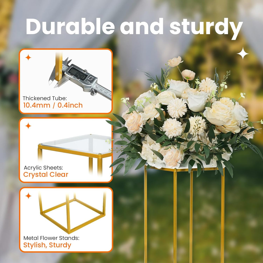 YALLOVE 10 Pcs 40cm Metall Blumenständer, Gold Mittelstücke Vasen Stand mit klaren Acrylplatten, geo