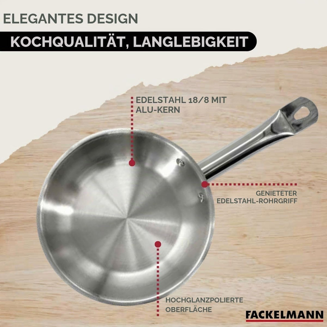 Fackelmann 9440550 Pfannen-Set, 3-teilig, 20, 24 und 28 cm, aus Edelstahl 18/8, 3 Glasdeckel und 6 K