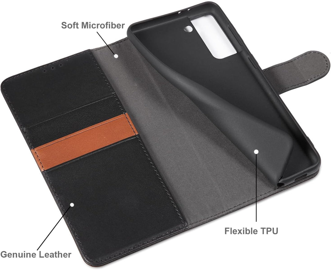 LENSUN Echtleder Hülle für Samsung Galaxy S21 Plus, Handyhülle [Echtes Leder] [Magnetverschluss] [RF