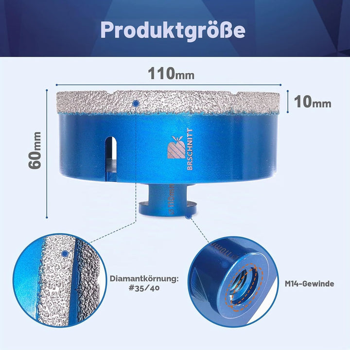 Diamant Fliesenbohrer 110mm - M14 Diamantbohrer Lochsäge für Fliesen Porzellan Keramik Marmor Granit