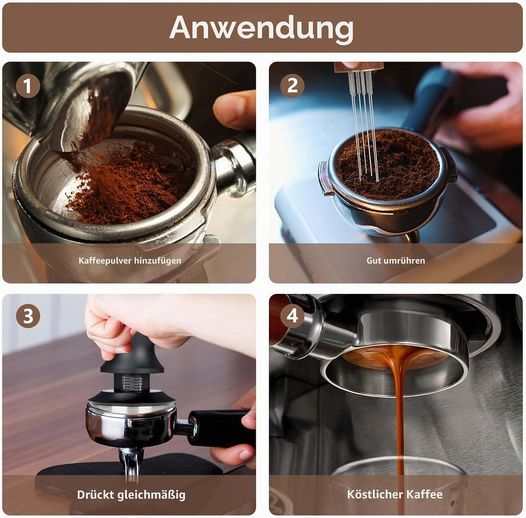 Kaffee Tamper Set: Tamper 51mm mit Holzgriff-WDT Tool mit 6 Nadel-Silikon Tampermatte, Kaffeestampfe