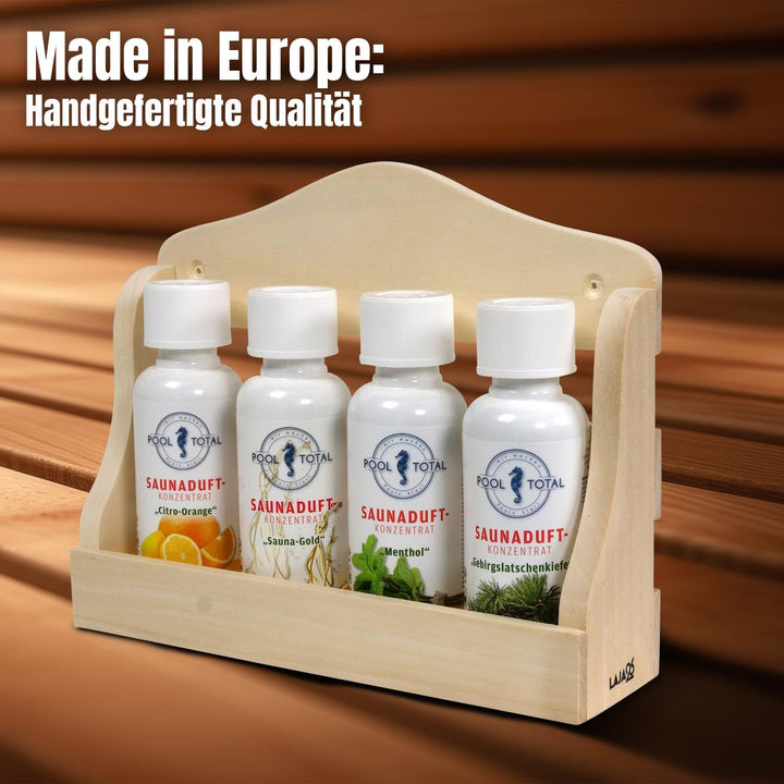 Sauna Wandregal 17x21x6 cm - FSC Espenholz - Platz für 4x Saunadüfte 100 ml Flaschen - Für die Wandm
