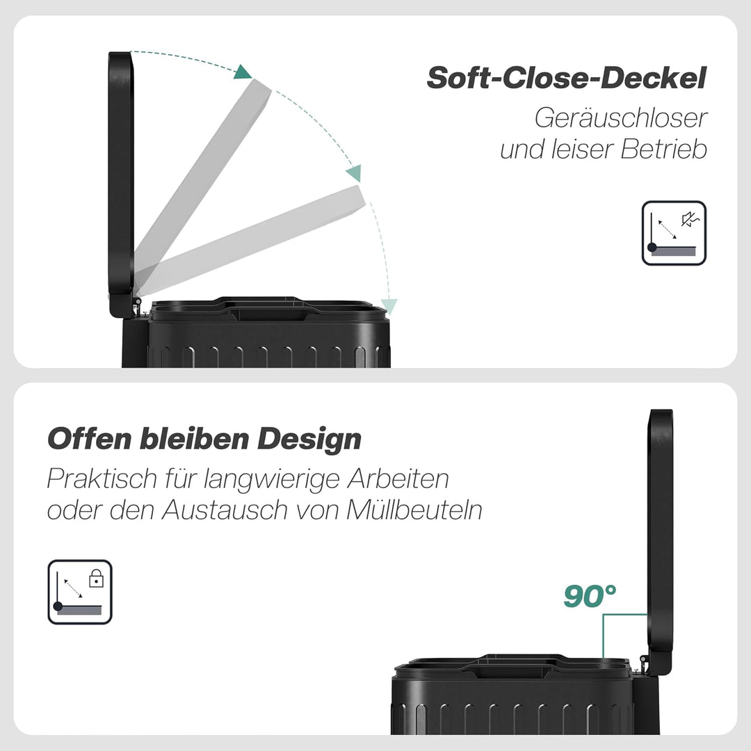 HOMCOM Mülleimer Küche 2 x 20 Liter Treteimer mit Abfallsortiersystem, Soft-Close-Deckel, Offenhalte