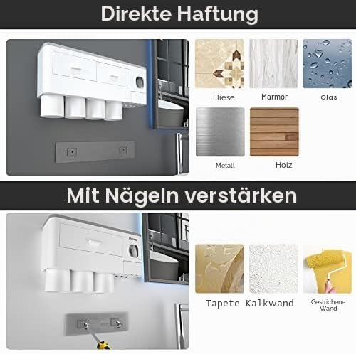 iHave Zahnbürstenhalter mit Zahnpastaspender, 4 Becher Zahnbürstenhalter Wand - Tablett mit grosser