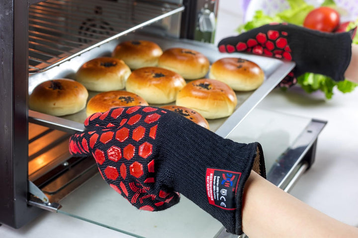 H01361 Ofenhandschuhe Hitzebeständig Kochen Ofenhandschuhe BBQ Grillen Kamin mit Doppelschicht Silik