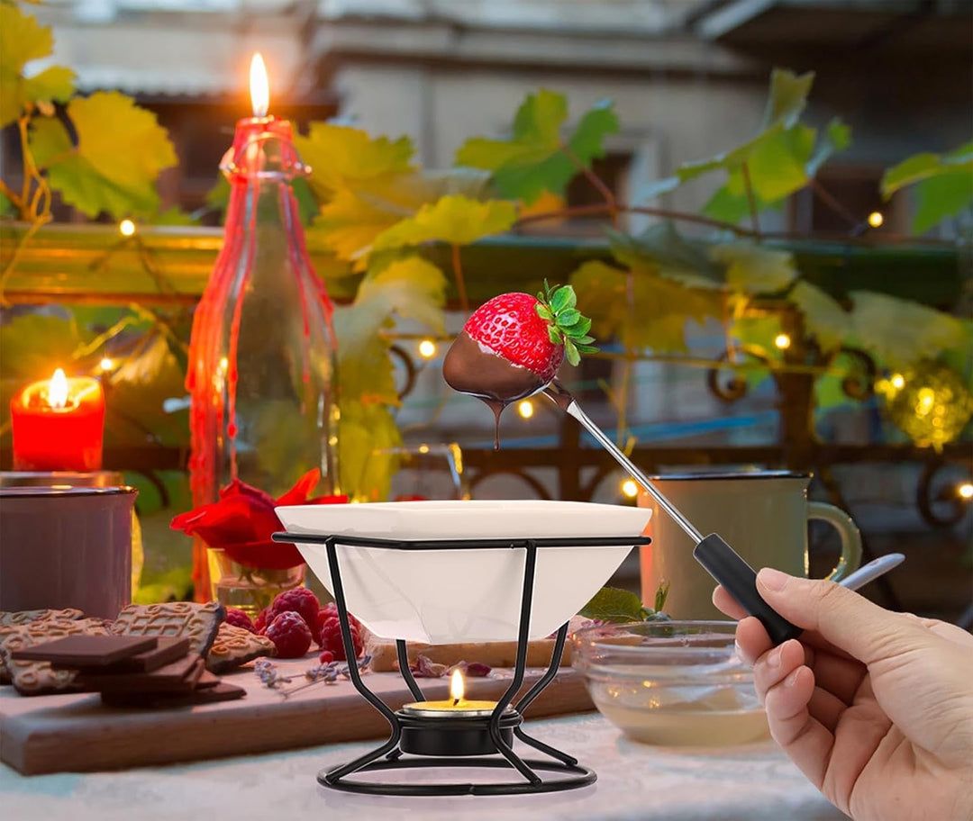 TOLIDA Schokofondue-Set Weisser Quadratischer Schokoladenschmelztopf mit Schwarze Eisen Stehen Käsef