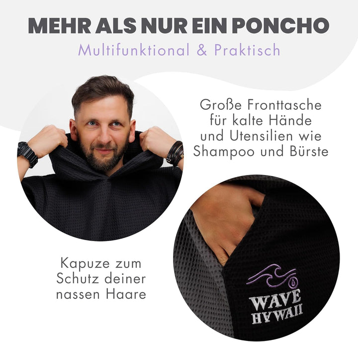 WAVE HAWAII EL Yaque Surfponcho Grau-Schwarz für Körpergrössen von 160-190 cm, Sommer Poncho 100% ÖK