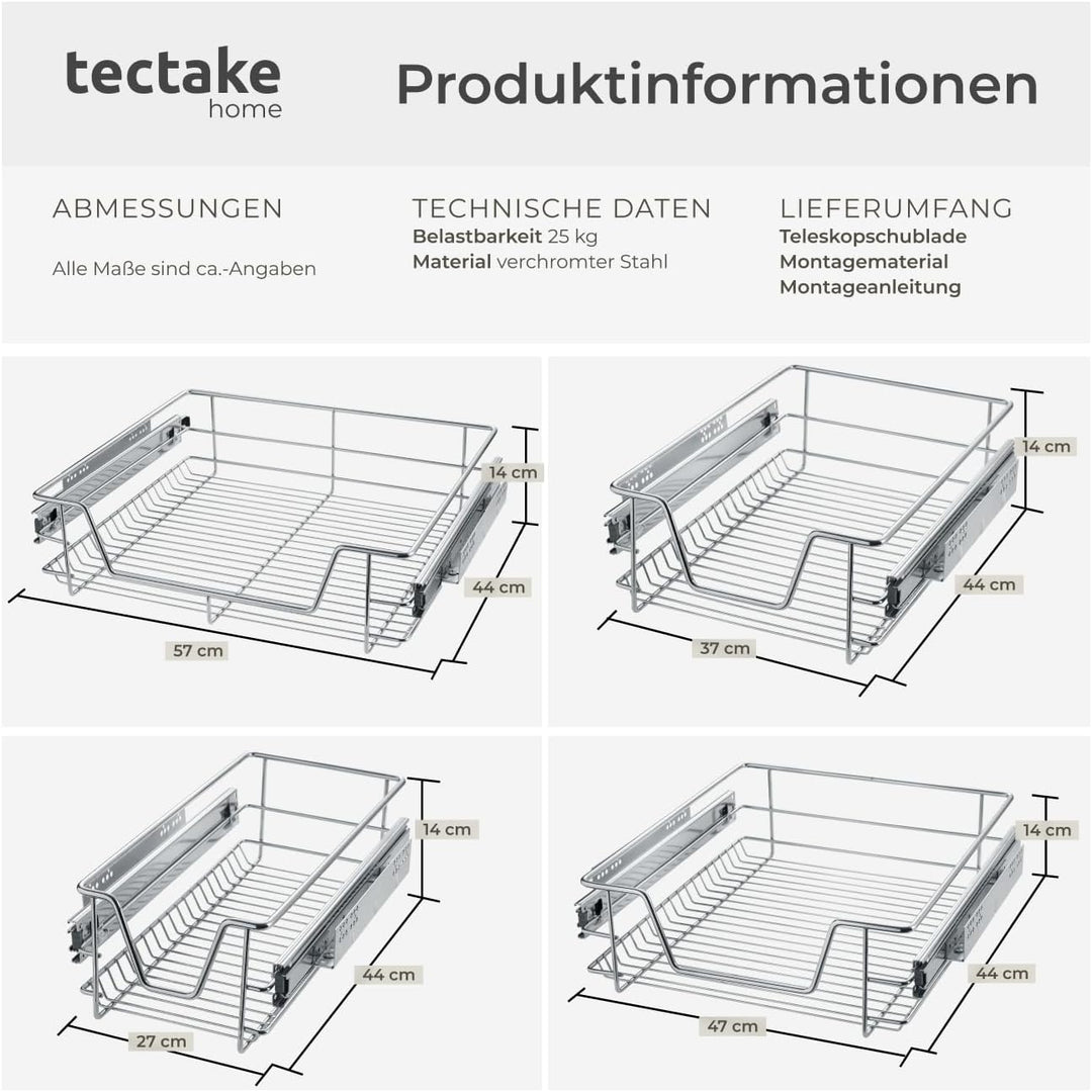 tectake® Teleskopschublade, ausziehbare Schublade, Teleskopregal nachrüsten, Schublade Unterschrank
