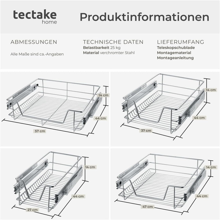 tectake® Teleskopschublade, ausziehbare Schublade, Teleskopregal nachrüsten, Schublade Unterschrank