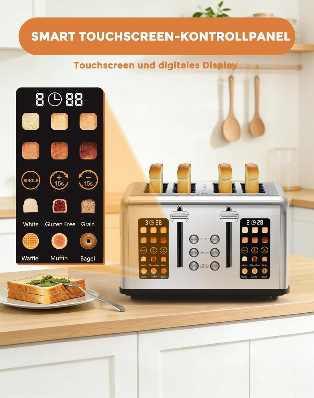 Toaster 4 Scheiben, LED-Touchscreen, Edelstahl Langschlitztoaster, 6 Bräunungsstufen, 6 Brotprogramm