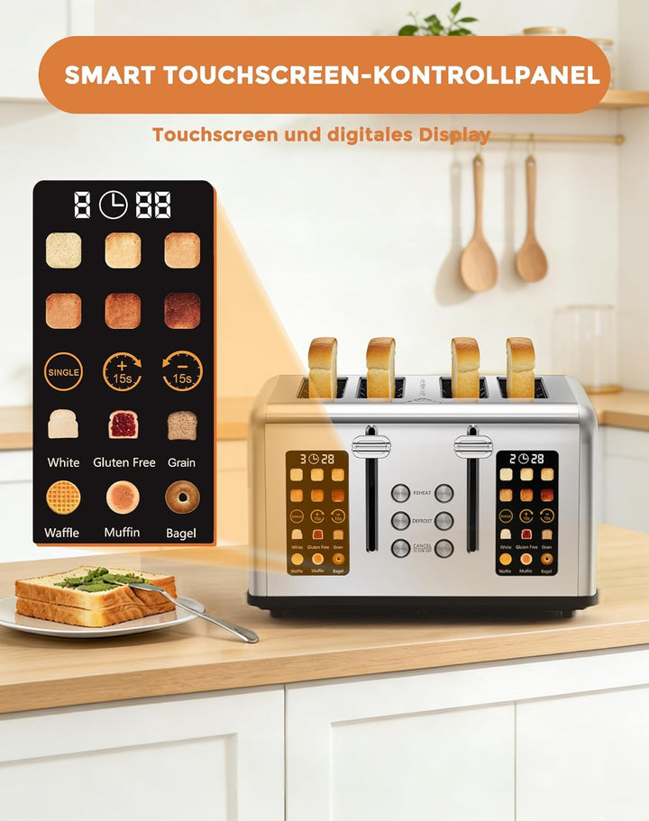 Toaster 4 Scheiben, LED-Touchscreen, Edelstahl Langschlitztoaster, 6 Bräunungsstufen, 6 Brotprogramm