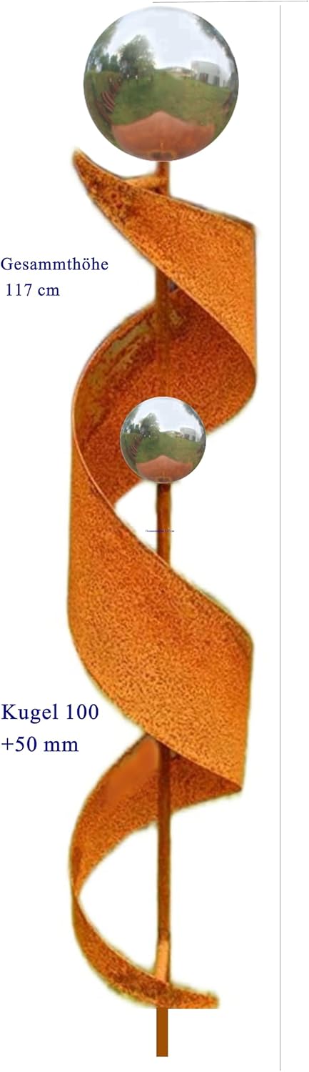 Gartendeko Rost Eisen Stab mit 2 Edelstahlkugeln Glanz Gartenstatuen