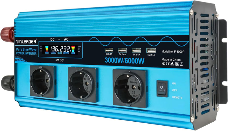 Wechselrichter 3000W /6000W Spannungswandler Reiner Sinus 12V 230V mit 3 Europäische Steckdose und 4