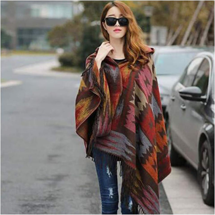 MeiPing Damenmode Croissant Button Bohemian Fringe Blended Kaschmir Kapuzen Cape Kaffee 1, Kaffee 1