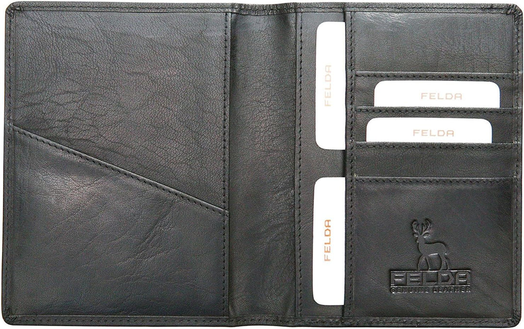 Felda - Reisebrieftasche aus Leder - Reisepasshalter & Kartenfächer - RFID-Blocker - Schwarz, Schwar