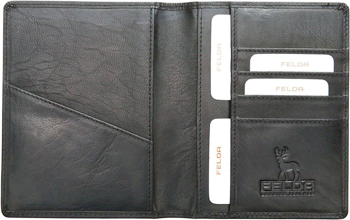 Felda - Reisebrieftasche aus Leder - Reisepasshalter & Kartenfächer - RFID-Blocker - Schwarz, Schwar