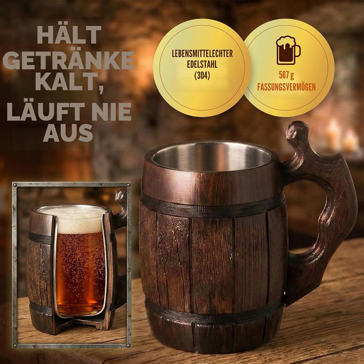 MyFancyCraftLUKRA Bierbecher aus Eichenholz, handgefertigt, Edelstahl-Tasse, 0,6 Liter, 20 Unzen, Ba