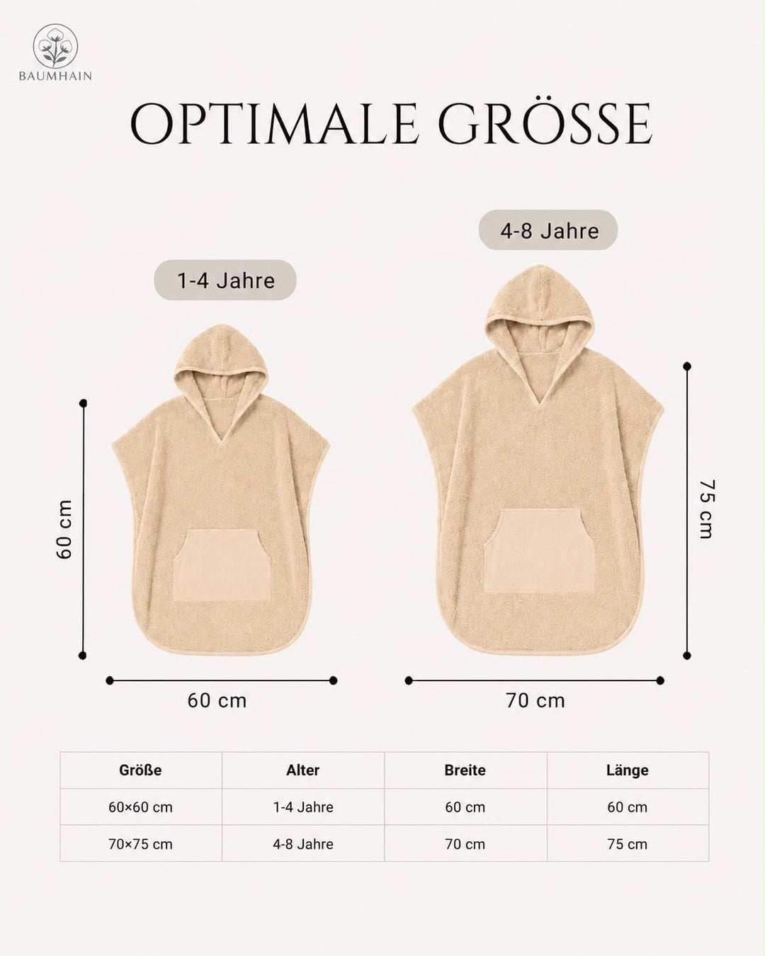 Kinder Badeponcho mit Kapuze aus 100% Baumwolle Frottee 1-4 Jahre Sandbeige, 1-4 Jahre Sandbeige