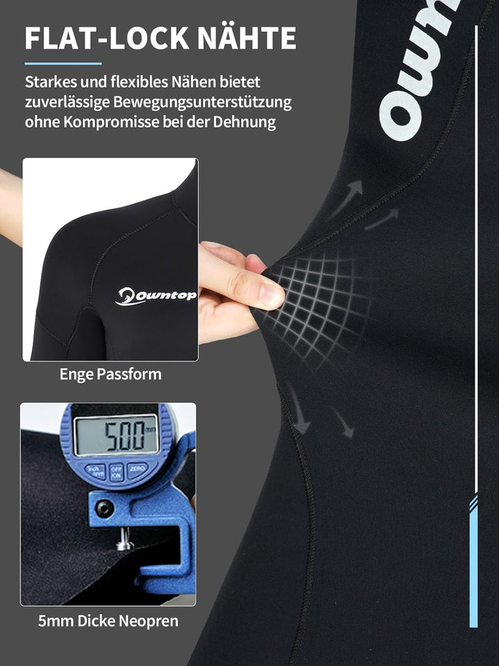 Owntop 5mm Neoprenanzug für Herren Damen– Neopren Tauchanzüge Stretch Langarm Einteilig Frontreissve