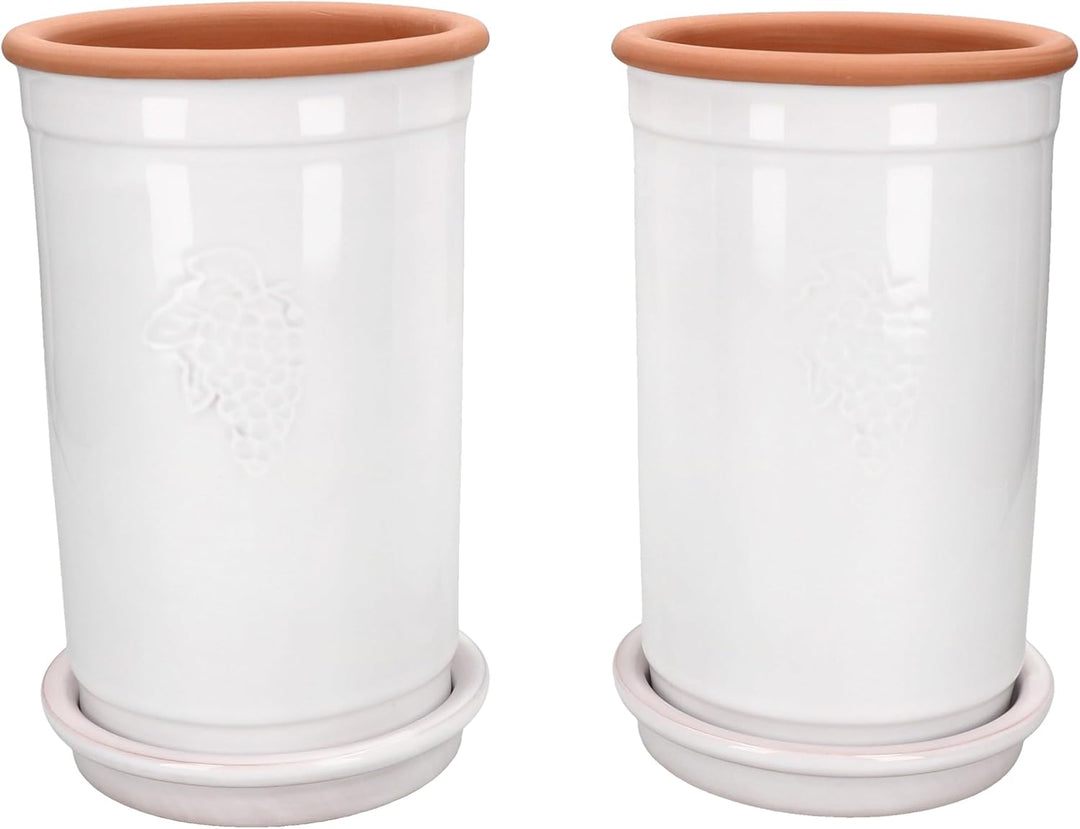 MamboCat | 2er Set Ton-Weinkühler + Untersetzer weiss lasiert I Ø 12,5 cm I H 21 cm I Flaschen-Kühle