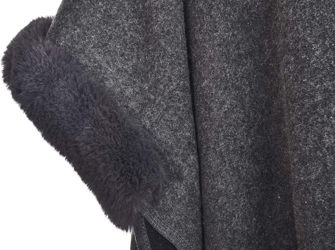 ZLYC Damen Winter Umhang Strickjacke Warm Kunstpelz Mäntel Poncho Cape mit Kapuze Einheitsgrösse Gra