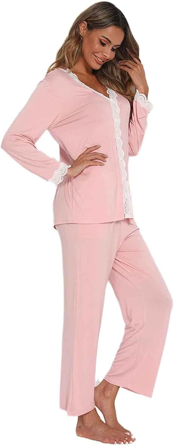 Jecarden Damen Schlafanzug mit Spitze Lang - Damen Pyjama Set Winter Langärmelig Nachtwäsche Zweitei