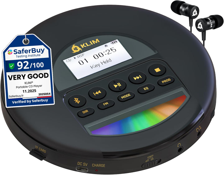 KLIM Nomad CD Player Bluetooth - Tragbarer CD-Player Discman mit langlebigem Akku - Inklusive Kopfhö
