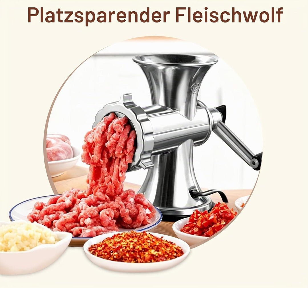Manuelle Fleischmühle, Grösse 5 Wurstfüller Fleischwolf mit Lochscheiben und Gebäckvorsatz Wurstfüll