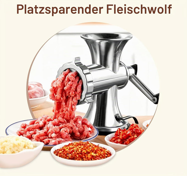 Manuelle Fleischmühle, Grösse 5 Wurstfüller Fleischwolf mit Lochscheiben und Gebäckvorsatz Wurstfüll