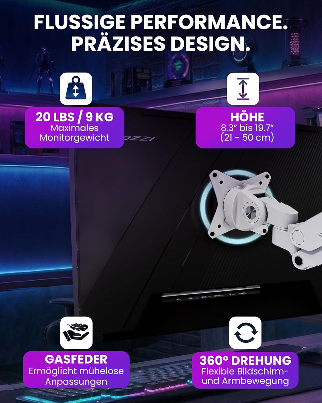 Arozzi Alzare Neo Duo Monitorarm mit Gasfeder - 2 Arme, für 43–86 cm Monitore, VESA 75/100, 360° dre