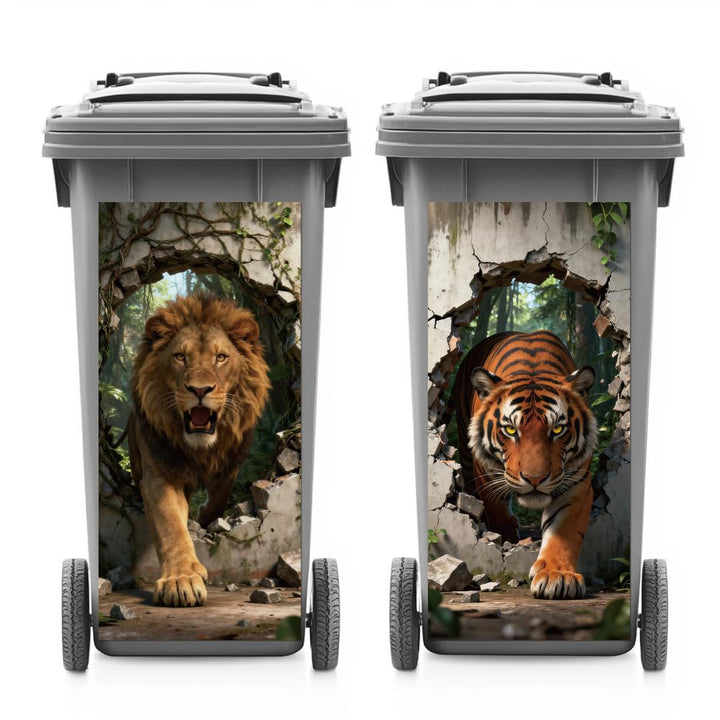 ANATTASOUL Mülleimer Aufkleber, 2 Blätter Mülltonnen Aufkleber 38×82cm Löwe Und Tiger Durch Gebroche
