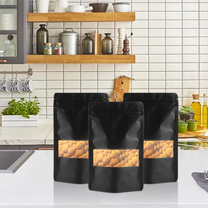 MIVIDE 100 Stück Wiederverschliessbare Mylar Beutel, 15 x 22 cm Standbodenbeutel mit Fenster Schwarz