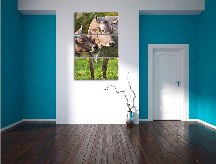 Pixxprint Kühe auf der Weide als Leinwandbild/Grösse: 3 Teilig (120x80 cm) cm/Wandbild/Kunstdruck/fe