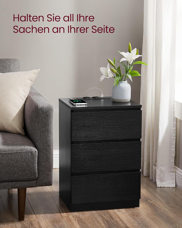 VASAGLE Kailyn Kollektion - Nachttisch mit Steckdosenleiste, 2er Set, Beistelltisch, 3 Schubladen, 2