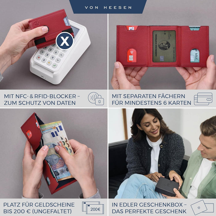 VON HEESEN Leder Slim Wallet - Geldbeutel mit RFID Schutz - Mini Geldbörse für Herren und Damen - Ka
