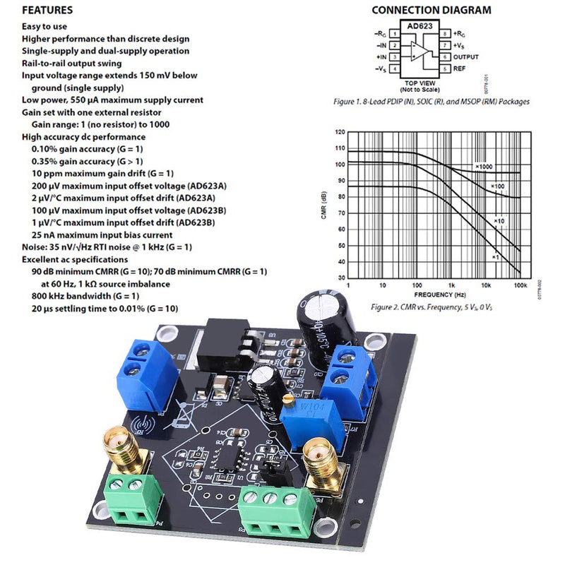 Spannungsverstärkermodul Mini Einstellbarer Instrumentenverstärker Single-Ended/Differential Micro S