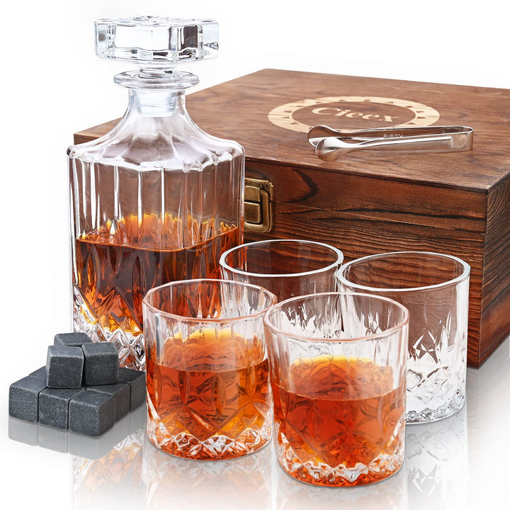 Cieex Whiskey Karaffe Set , 750ml Dekanter mit 4 x 220ml Whiskeygläser 12 Steine Schöne, Geschenk Bo