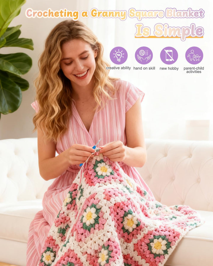Coopay Granny Square Häkelset für Anfänger, Häkel Set für Gänseblümchen Decke 3D, Komplett Häkelset