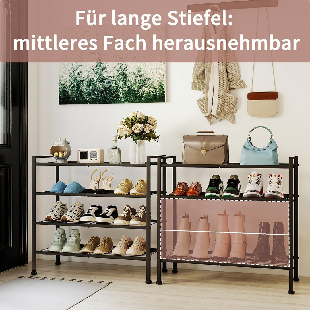Schuhregal Schwarz Metall, 4 Ebenen platzsparendes Schuhregal, stapelbar & verstellbar, robuster Org