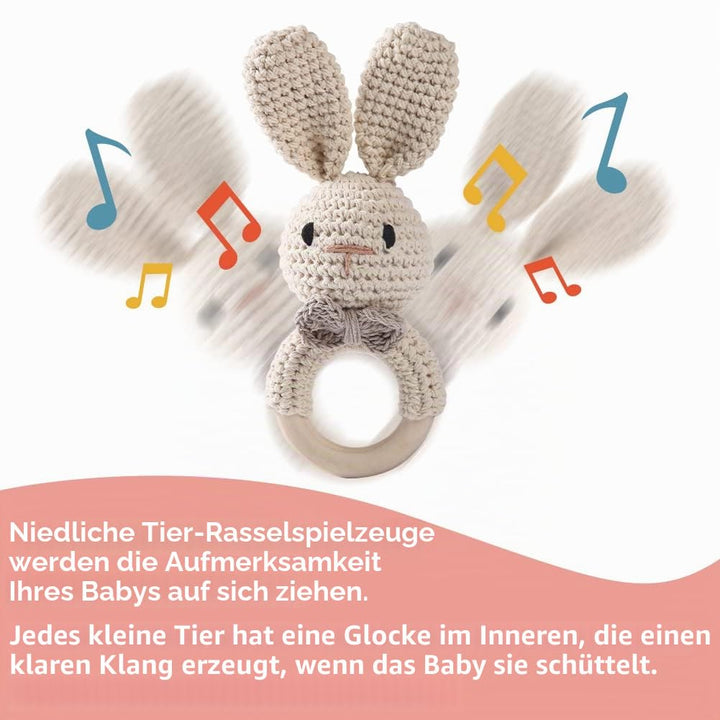 Youuys Babyrassel Gehäkelte Holz Häkeln Tiere Greifling Baby Holz Rassel Baby mit Sound Handmade Ras