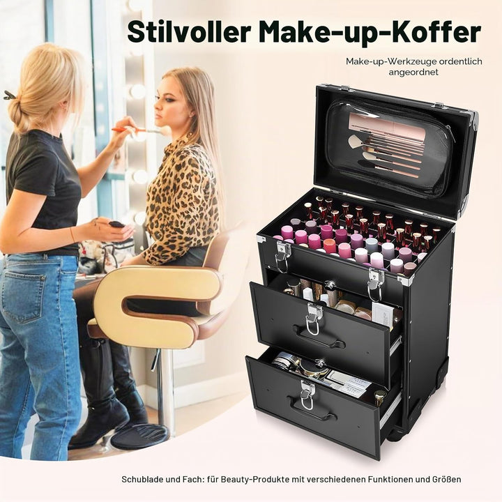 3 Schichten Kosmetikkoffer Trolley, Make Up Koffer Mit 2 Schubladen und 2 Schloss Friseurkoffer Gros
