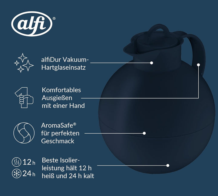 alfi KUGEL 0,94l, dark blue mat, Kunststoff-Isolierkanne mit hygienischem Hartglaseinsatz, Drehversc