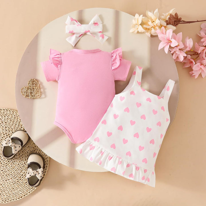 Baby Outfits für Mädchen mit Herz Print kurzärmelig Strampler Hosenträgerrock Bären Kleid Schleife S