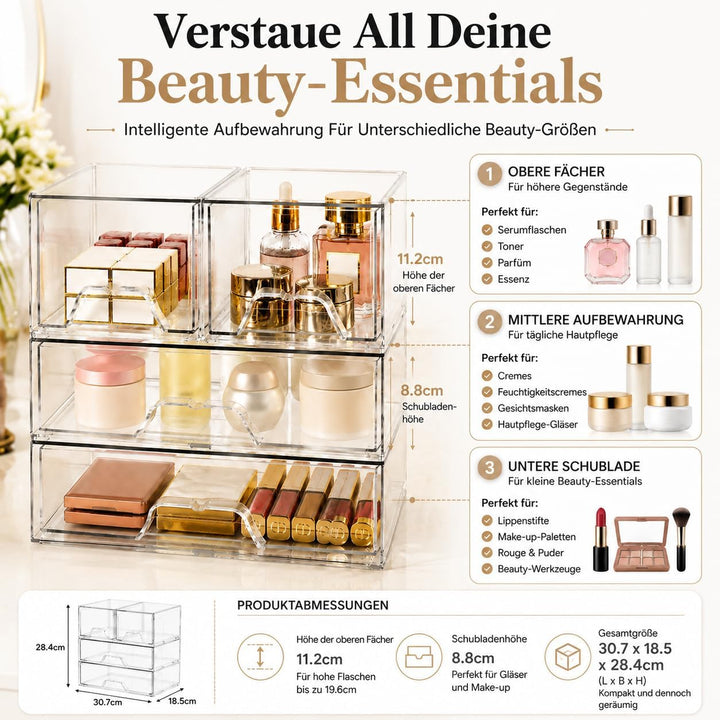 4er Set Kosmetik Organizer mit Schubladen, Stapelbar, Transparent | 4 separate Boxen – einzeln, nebe