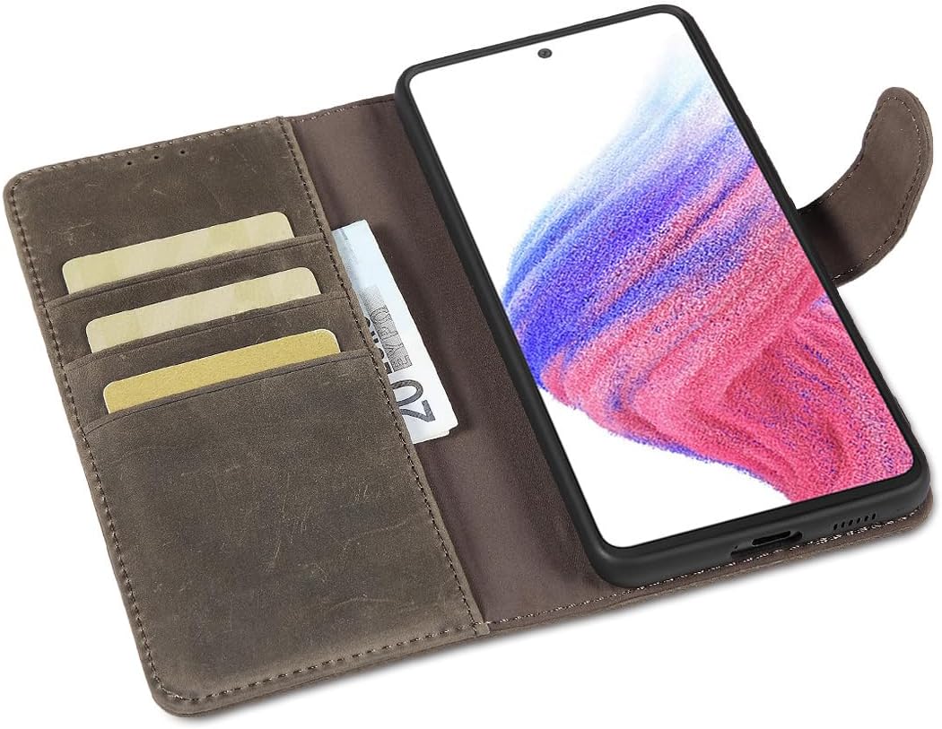 LENSUN Echtleder Hülle für Samsung Galaxy A53, Handyhülle [Echtes Leder][Standfunktion][RFID Briefta