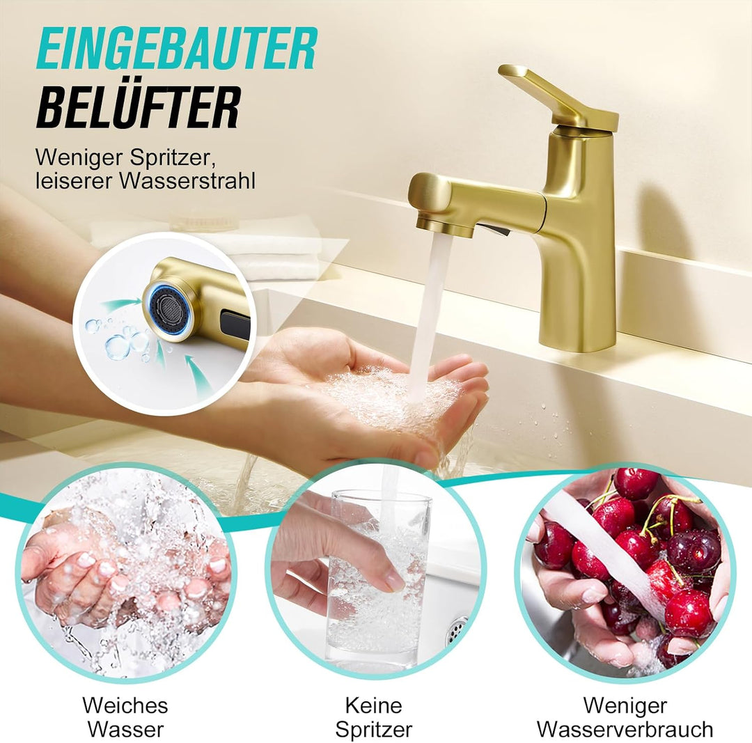 CREA Modern Waschtischarmatur Badezimmer mit 2 Wasserstrahlarten Brause ausziehbar, Einhebelmischer